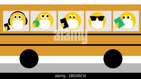 Coronavirus, covid 19 Emoji trägt Gesichtsmasken auf gelben Bus. Zurück zur Schule soziales Distanzierungskonzept. Stockfoto