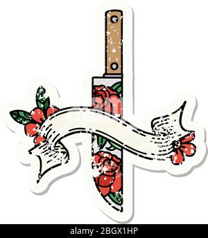Getragen alten Aufkleber mit Banner eines Dolches und Blumen Stock Vektor