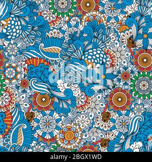 Vollrahmen Hintergrund aus floralen Designs und geometrischen Mustern blau rot grün und braun gefärbt Stock Vektor