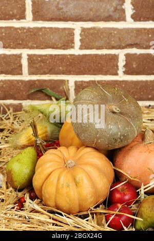 Schöne Herbst Komposition auf Stroh, auf Ziegelwand Hintergrund Stockfoto