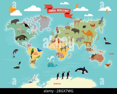 Illustration von Wildtieren auf der Weltkarte. Vektorgrafiken. Weltkarte mit Tieren aus amerika, asien, antarktis und eurasien Stock Vektor