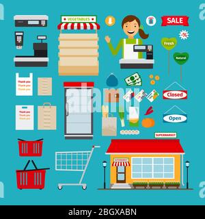 Symbole für Supermärkte. Shop und Shopping Regale, Warenkorb und Korb Stock Vektor