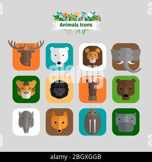 Wild Animals Avatare im flachen modernen Stil Stock Vektor