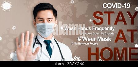 Arzt tragen medizinische Maske und zeigt keine und Stop-Zeichen Geste Stockfoto