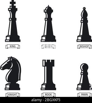 Schachfiguren mit Namen. Schwarze Schachsymbole auf weißem Hintergrund Stock Vektor