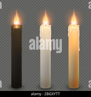 Paraffin oder Wachs realistische dunkle Licht und gelb brennende Party-Kerze, isoliert auf transparentem Hintergrund. EPS 10 Stock Vektor