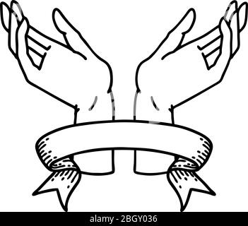 Traditionelle schwarze Linework Tattoo mit Banner der offenen Hände Stock Vektor