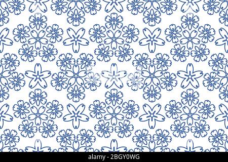 Blaue Ornament nahtlose Muster mit Strich Blumen Stock Vektor