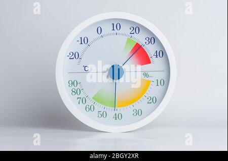 Weißes modernes Design von analogem Thermometer und Hygrometer Stockfoto