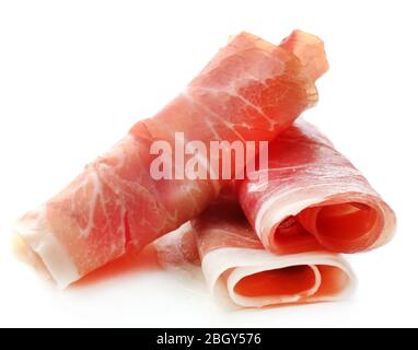 Aufgeschnittene Jamon isoliert auf weißem Hintergrund Stockfoto