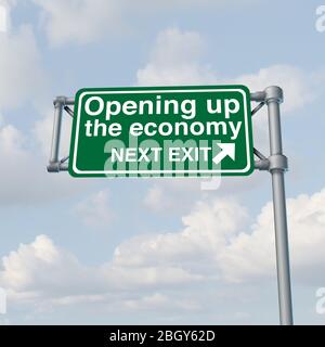 Die Wirtschaft zu öffnen und die Wirtschaftstätigkeit wieder zu öffnen und wieder an die Arbeit zu gehen, nachdem die Wirtschaft die staatliche Finanzpolitik und die Märkte wieder geöffnet hat. Stockfoto