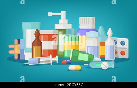 Pharmazeutische Vektor-Illustration von medizinischen Flaschen und Pillen. Medizinische Heilung und Karikatur Medikament und Vitamin Stock Vektor