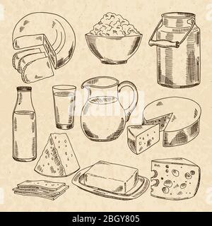 Handgezeichnete Illustrationen von Joghurt, Käse und anderen frischen Milchprodukten. Sammlung von Milchprodukten, frischem Käse und Milchcreme Stock Vektor