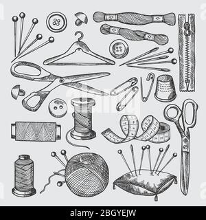 Verschiedene Werkzeuge für die Nähwerkstatt. Vektorbilder im handgezeichneten Stil. Handwerk Nähen und handgefertigt mit Textilillustrieren Stock Vektor