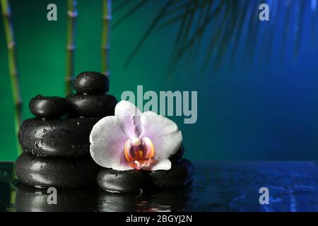 Orchideenblume mit Wassertropfen und Kieselsteinen auf dunklem, farbenfrohem Hintergrund Stockfoto