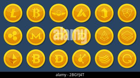 Verschiedene Münzen der Kryptowährung. Virtuelles elektronisches Geld. Bitcoin Bilder im Cartoon-Stil. Kryptowährung Goldmünze Geld Bitcoin und Litecoin Stock Vektor