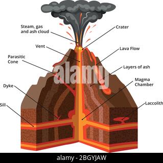 Vektor-Infografik. Querschnitt des Vulkans mit Lava und Magmaeruption Stock Vektor