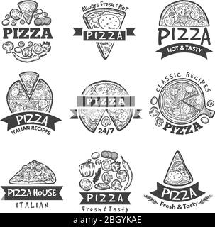 Verschiedene Etiketten für Pizza-Restaurant eingestellt. Klassische italienische Küche. Pizza-Etikett und italienische Pizzeria Emblem, Vektor-Illustration Stock Vektor