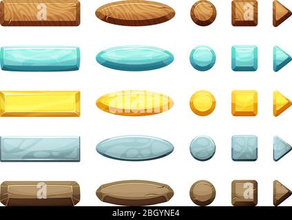 Horizontale, Kreis, Dreieck und quadratische Formen von Cartoon-Tasten. Illustration für Game Design Projekte. Tasten Interface Spiel, Web gui Pfeil und pa Stock Vektor