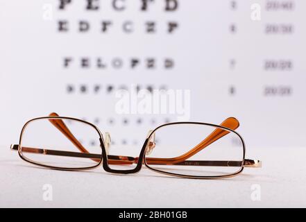 Augenbrille auf Augenlicht Test Chart Hintergrund Stockfoto