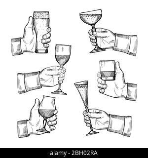 Illustrationen von verschiedenen alkoholischen Trinkgläsern in den Händen. Vektor handgezeichnete Bilder isolieren. Alkohol trinken Toast, Getränk in Gravurglas Stock Vektor