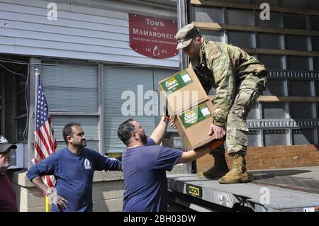 New York Army National Guard Pfc. Michael Ulrichy, dem 4. Finanzdepartement des 53. Truppenkommandos zugeordnet, hilft bei der Verteilung von Handdesinfektionsmitteln an Mitglieder des Mamaroneck Highway Department bei New Rochelle, N.Y., 13. März 2020. Ulrichy und mehr als 250 weitere Soldaten und Luftstreitkräfte der New Yorker Nationalgarde unterstützen eine Task Force des New York State Department of Health, um den Ausbruch des COVID 19-Virus-Clusters im Westchester County, N.Y. US National Guard Foto von Col. Richard Goldenberg, einzudämmen und zu mildern. Stockfoto