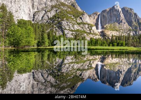 Yosemite Falls reflektieren auf dem perfekt ruhigen Wasser von A Teich unter einem blauen Himmel Stockfoto