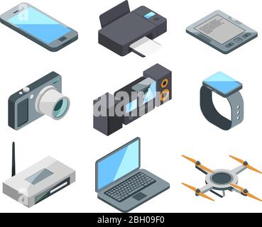 Computer, Laptop, Smartphone und andere elektronische Geräte isoliert. Farbige Vektorbilder im isometrischen Stil. Smartphone und Gadget, Drucker und qua Stock Vektor