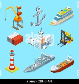 Schiffe, Boote und Seehafen-Terminal. Frachtcontainer und Kran zum Verladen. Transport Versand, Container und Seehafen, Logistik und Lieferung. Vec Stock Vektor