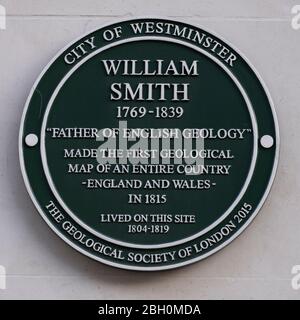 Blaue Plakette für William Smith, den 'Vater der englischen Geologie', Buckingham Street, City of Westminster, London, Großbritannien Stockfoto