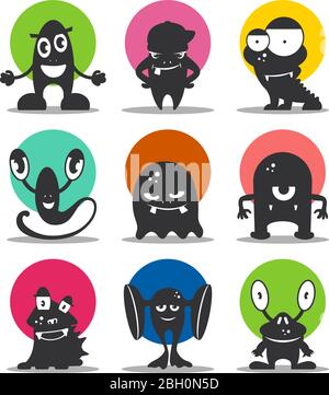 Niedliche Cartoon Avatare und Symbole. Schwarze Monster gesetzt. Sammlung von lustigen Aliens. Vektorgrafik Stock Vektor