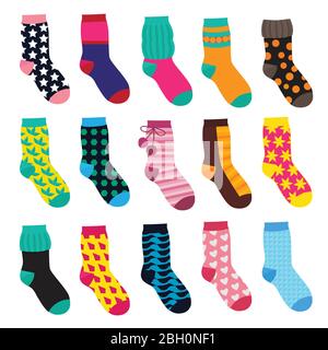 Socken im Cartoon-Stil. Elemente der Kinderkleidung. Vektor-Illustrationen Isolieren Kinder Socke warm mit farbigen Muster Stock Vektor