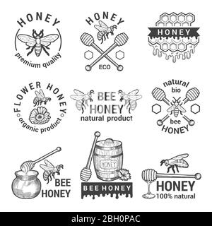 Monochrome Etiketten mit Honig, Bienen und Wabe. Honig Bio-Label und Symbol, gesunde süße Lebensmittel. Vektorgrafik Stock Vektor