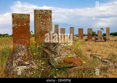 Alte Grabsteine auf dem historischen Friedhof der Selcuk Türken aus dem 12. Jahrhundert, in der Stadt Ahlat, Türkei Stockfoto