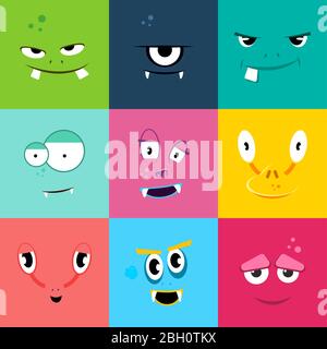 Set von Cartoon-Monster Gesichter mit verschiedenen Emotionen. Farbige flache Monster Gesicht Zeichen, Vektor-Illustration Stock Vektor