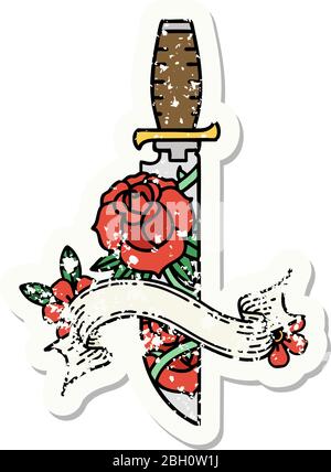 Getragen alten Aufkleber mit Banner eines Dolches und Blumen Stock Vektor