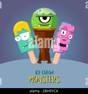 Eiscreme mit vecton-Charakter. Banner mit drei Monstern Set Illustration Stock Vektor