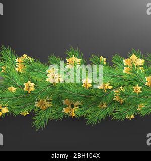 Weihnachtsrand aus realistisch aussehenden Kiefernästen mit Goldfolie Schneeflocken auf schwarz. EPS 10 Stock Vektor