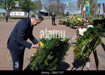 Zeithain, Deutschland. April 2020. Frank Richter (SPD), landtagsabgeordneter, rollt ein Kranzband in der Gedenkstätte für Kriegsgefangene und Wehrmachtsopfer im Lager Zeithain von 1941-1945 Ehrenhain aus. Anlass ist das Gedenken an die Stiftung Sächsische Gedenkstätten zum 75. Jahrestag der Befreiung des Kriegsgefangenenlagers Zeithain. Quelle: Sebastian Kahnert/dpa-Zentralbild/dpa/Alamy Live News Stockfoto