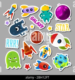 Set von Aufklebern mit Raumobjekten und Monstern. Cartoon Vektor Illustration für Kinder. Monster Alien und ufo Raumschiff Sticker Sammlung Stock Vektor