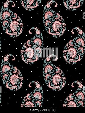 Nahtlose indische Paisley-Muster mit schwarzem Hintergrund Stockfoto