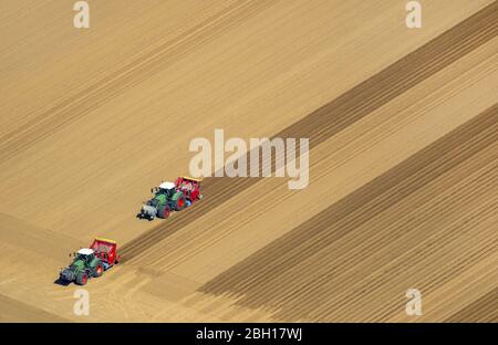 , Bauwerke auf erschütternden und säenden landwirtschaftlichen Feldern in Linnich, 11.04.2016, Luftaufnahme, Deutschland, Nordrhein-Westfalen, Niederrhein, Linnich Stockfoto