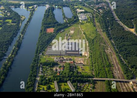 , Lagerkomplex-Gebäude in der Masurenallee an der Regatta-Strecke Duisburg, 09.06.2016, Luftaufnahme, Deutschland, Nordrhein-Westfalen, Ruhrgebiet, Duisburg Stockfoto