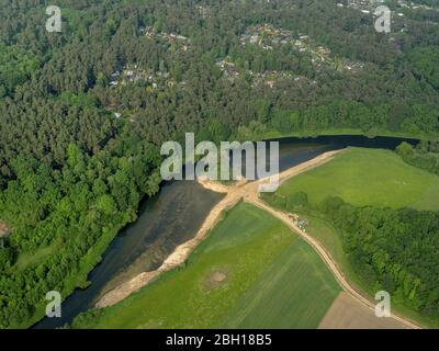 Uferzonen an der Lippe am Waldferiendorf Eversum in Olfen, 26.05.2016, Luftaufnahme, Deutschland, Nordrhein-Westfalen, Münsterland, Olfen Stockfoto