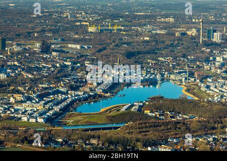 phoenix see mit konstruierten Ufern, 21.01.2020, Luftaufnahme, Deutschland, Nordrhein-Westfalen, Ruhrgebiet, Dortmund Stockfoto