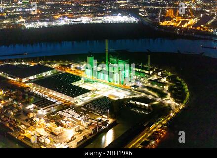 Kraftwerk Lausward, Medienhafen und Rheinbogen bei Nacht, 18.01.2020, Luftaufnahme, Deutschland, Nordrhein-Westfalen, Niederrhein, Düsseldorf Stockfoto