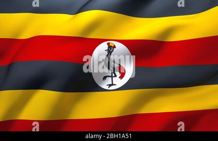 Flagge Ugandas weht im Wind. Ganze Seite Ugandan Flugflagge. 3D-Darstellung. Stockfoto