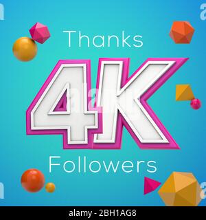 Vielen Dank an 4K-Follower. Banner für Abonnenten sozialer Medien. 3D-Rendern Stockfoto