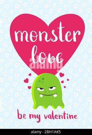 Vektor Valentinstag Karte mit Herz, niedliches Monster und Schriftzug auf Herzen Hintergrund. Liebesmonster mit rotem Herz, romantische Illustration Stock Vektor