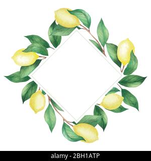Aquarell Rahmen Einladung von Zitronen und grünen Zweigen, Blätter. Rhombus-Rahmen isoliert auf weißem Hintergrund Stockfoto